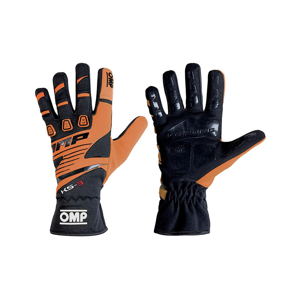 Pair of black and orange OMP KS-3 Kart racing gloves with OMP branding on a white background