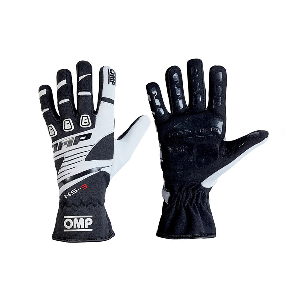 Pair of black and white OMP KS-3 Kart racing gloves with OMP branding on a white background