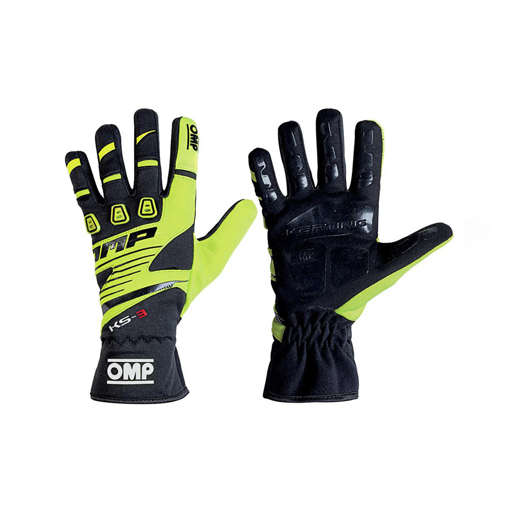 Pair of black and yellow OMP KS-3 Kart racing gloves with OMP branding on a white background