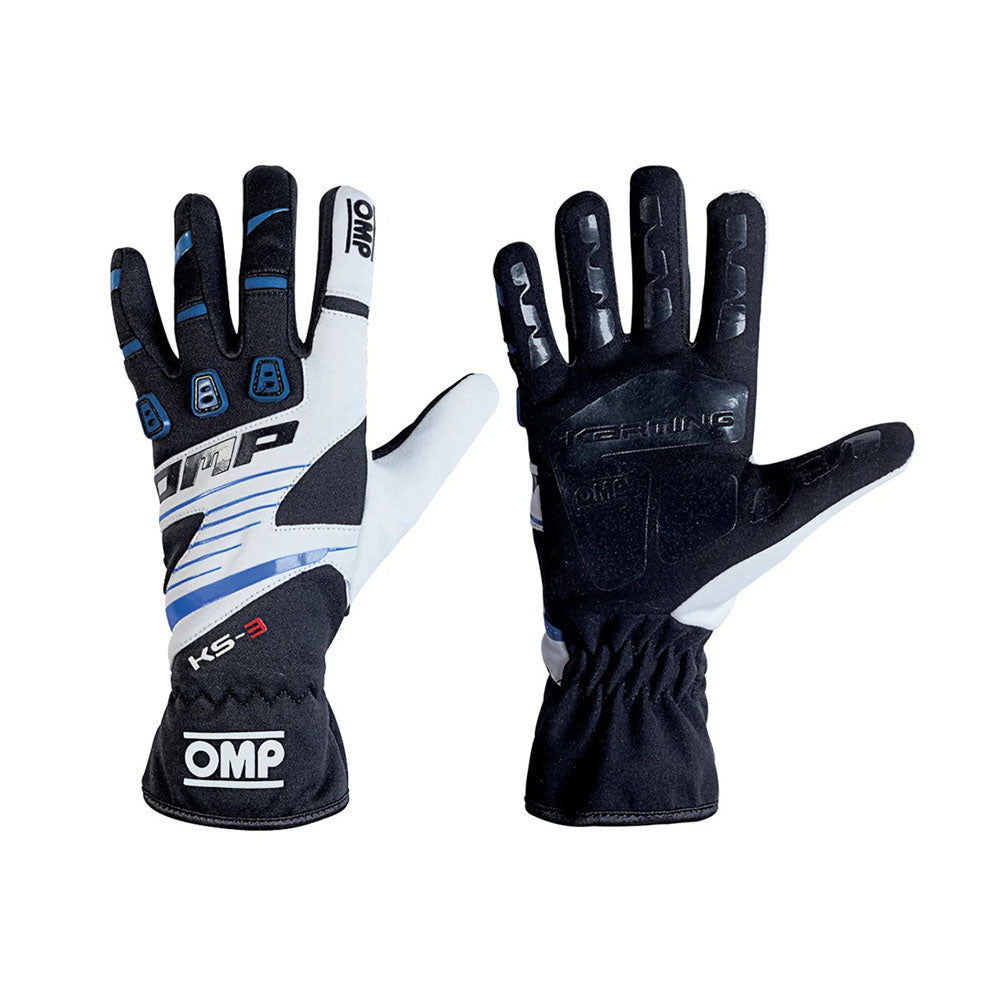 Pair of black and white OMP KS-3 Youth Kart racing gloves with OMP branding on a white background