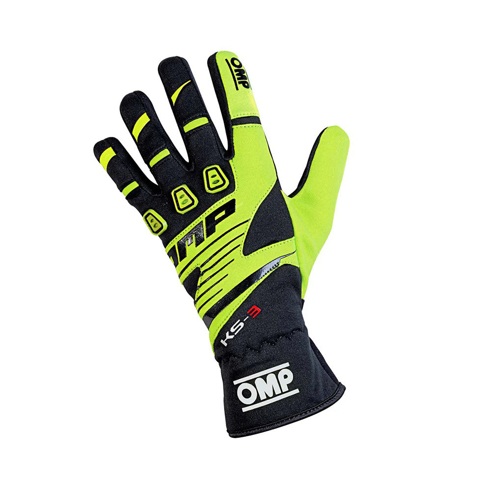 Black and yellow OMP KS-3 Youth Kart racing glove with OMP branding on a white background