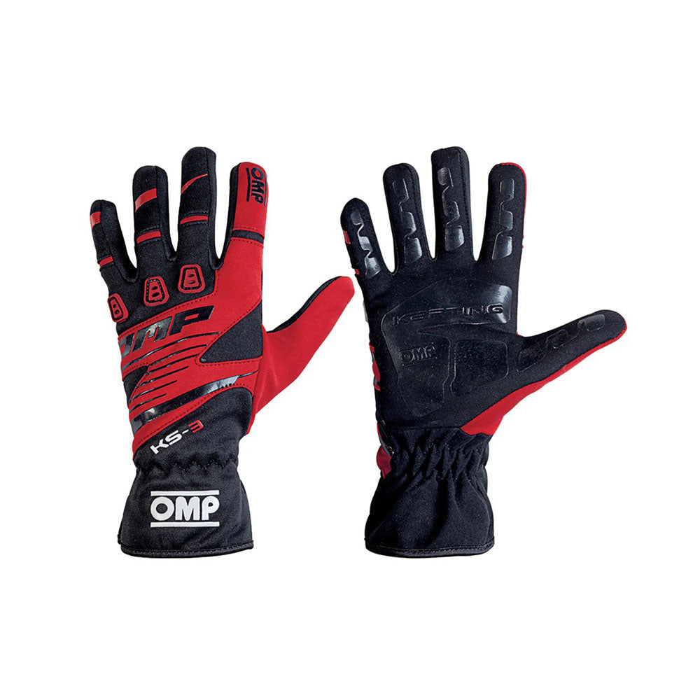 Black and red OMP KS-3 Youth Kart racing gloves with OMP branding on a white background