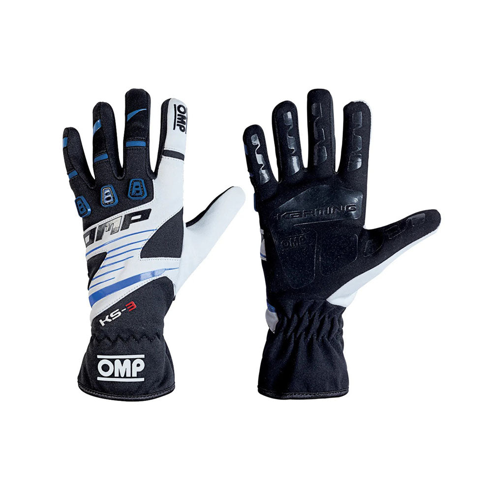 Pair of black and white OMP KS-4 2022 Kart racing gloves with OMP branding on a white background