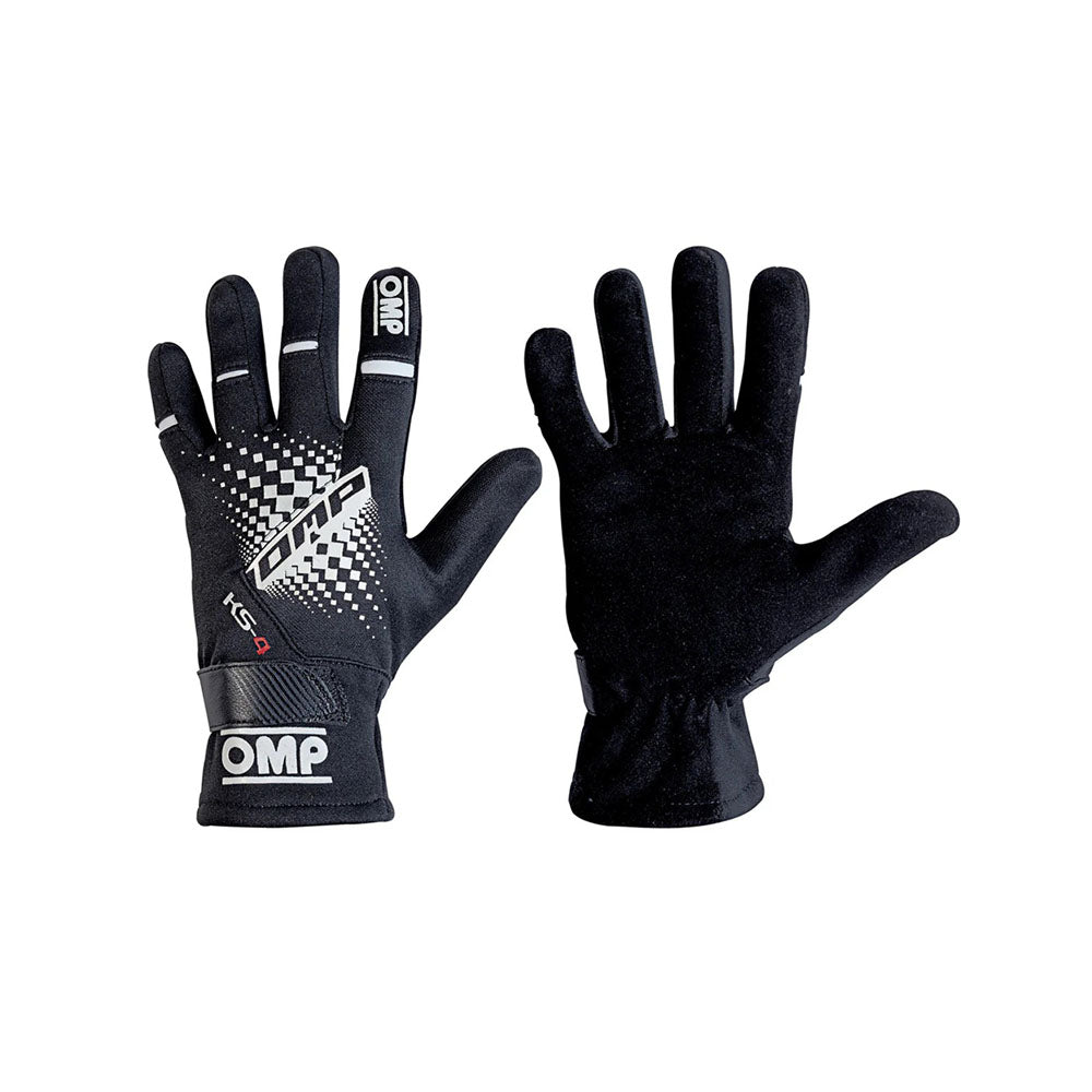 Pair of black OMP KS-4 2022 Kart racing gloves with checkered pattern on a white background