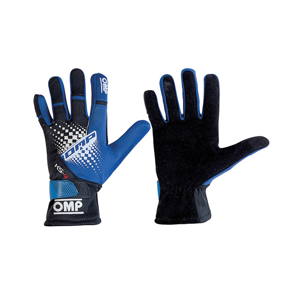 Pair of black and blue OMP KS-4 2022 Kart racing gloves with OMP branding on a white background