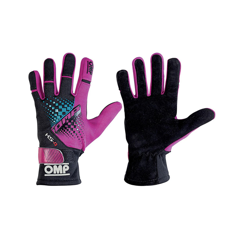 Black and pink OMP KS-4 2022 Kart racing gloves with OMP logo on a white background