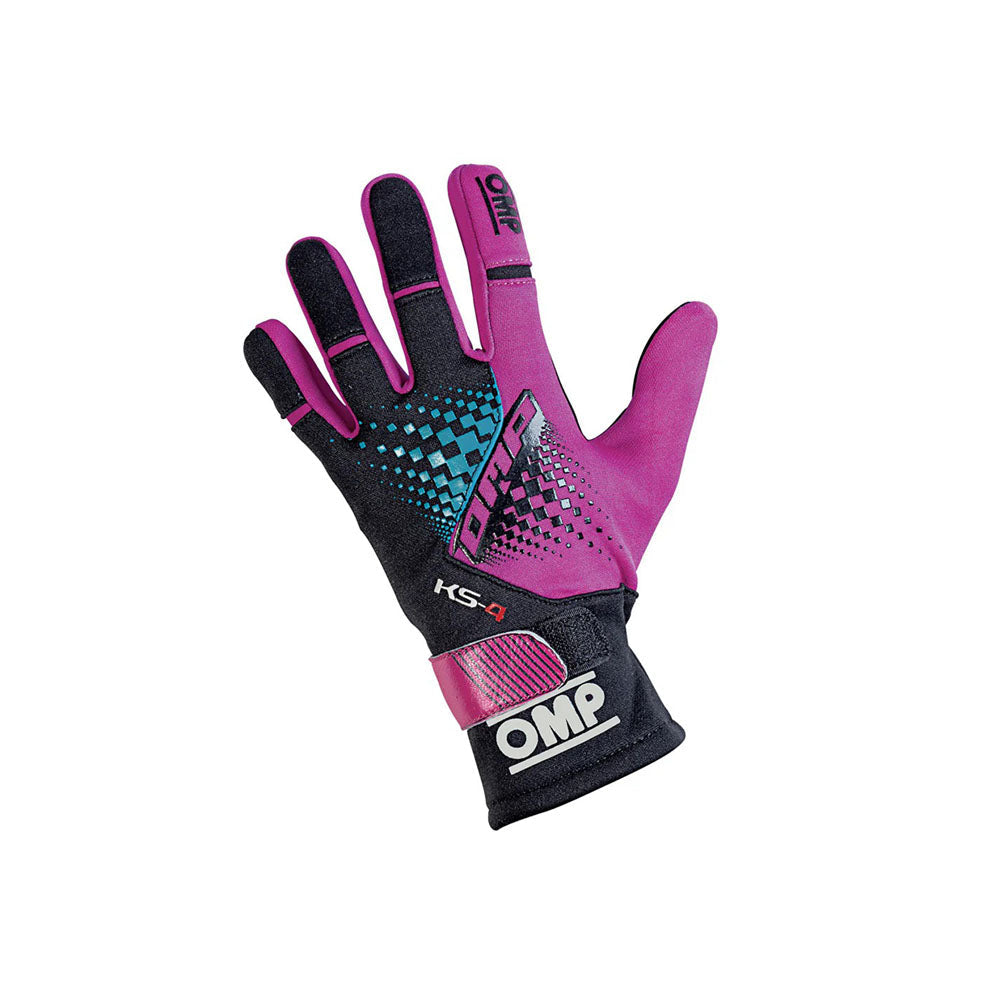 Pink and black OMP KS-4 2022 Kart racing glove with OMP branding on a white background