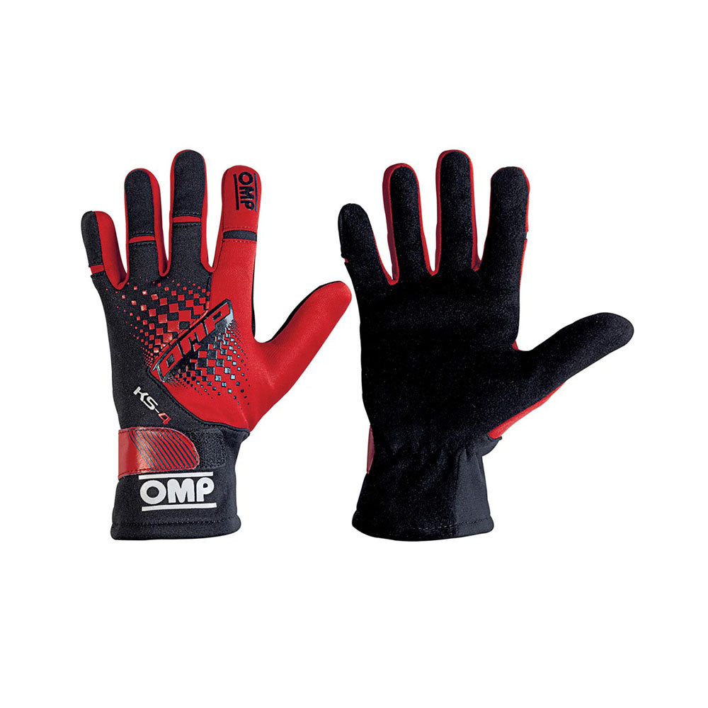 Black and red OMP KS-4 2022 Kart racing gloves with OMP logo on a white background