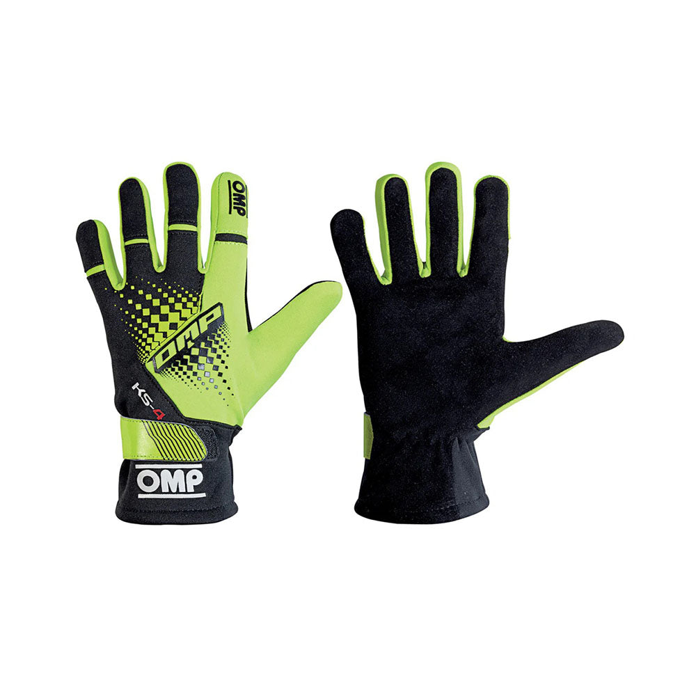 Black and green OMP KS-4 2022 Kart racing gloves with OMP branding on a white background