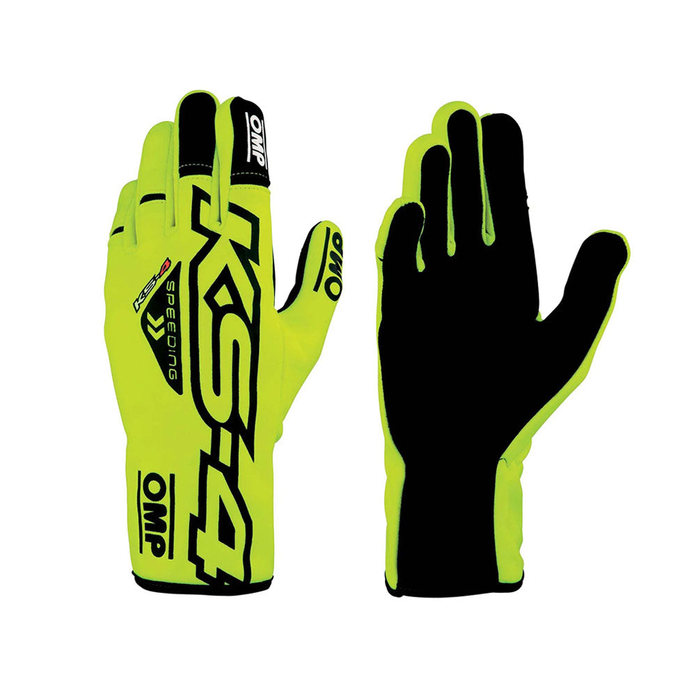 Pair of neon green and black OMP KS-4 Karting gloves with branding on a white background