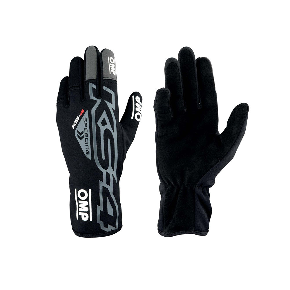Black OMP KS-4 Kart racing gloves with OMP branding on a white background