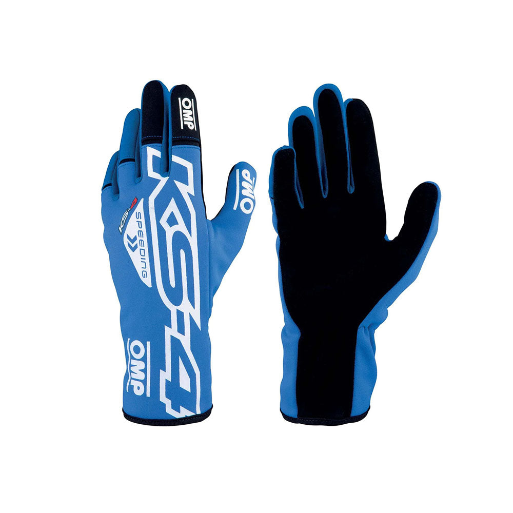 Blue and black OMP KS-4 Karting racing gloves with OMP branding on a white background
