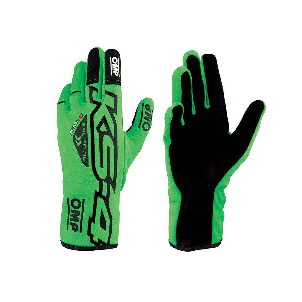 Green and black OMP KS-4 Karting gloves with brand logo on a white background