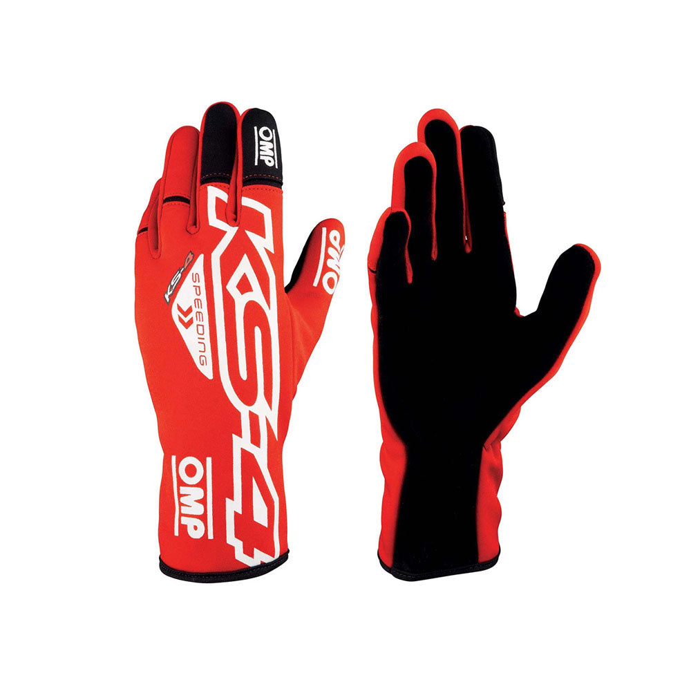 Red and black OMP KS-4 Kart racing gloves with OMP branding on a white background