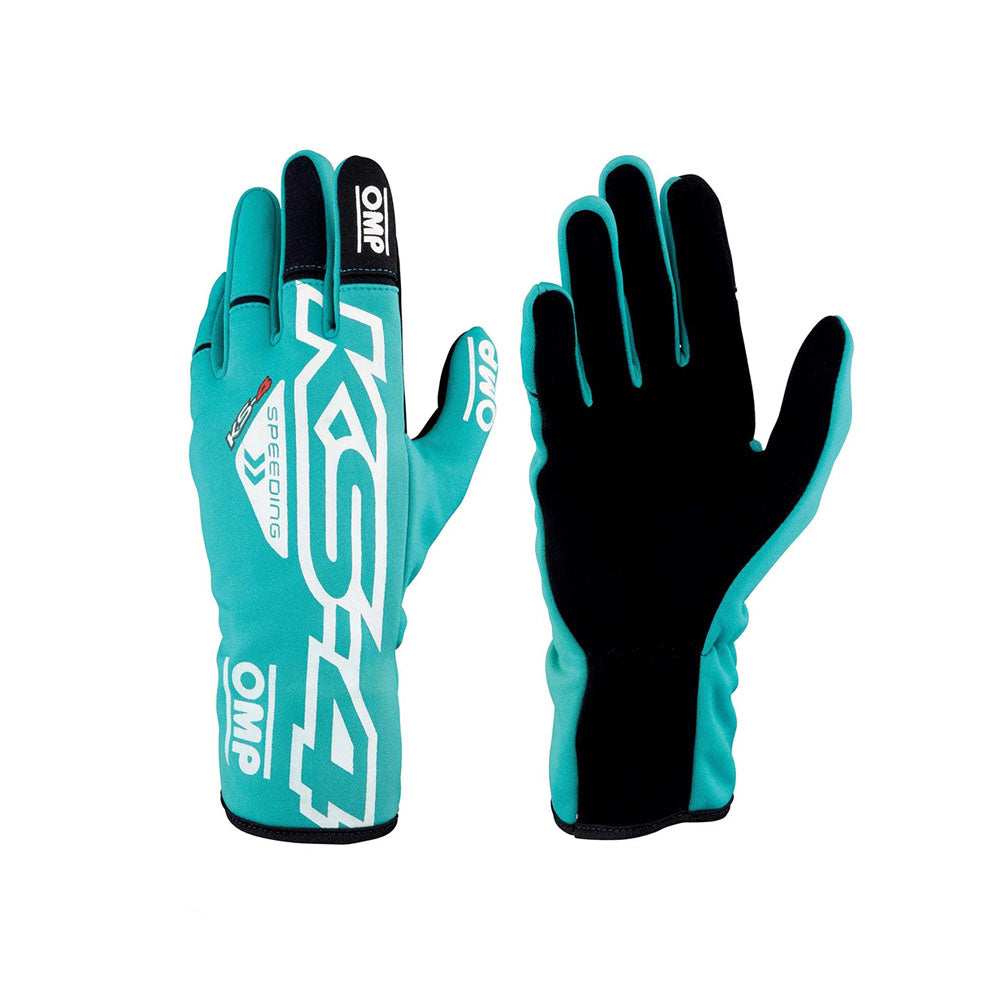 Pair of teal and black OMP KS-4 Karting gloves with branding on a white background