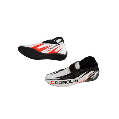 Pair of OMP KS1 Parolin racing boots on a white background