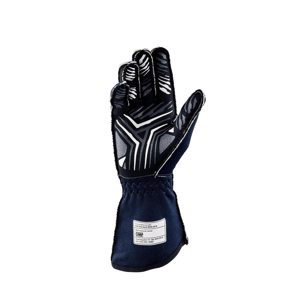 Black and white OMP One-S racing glove on a white background