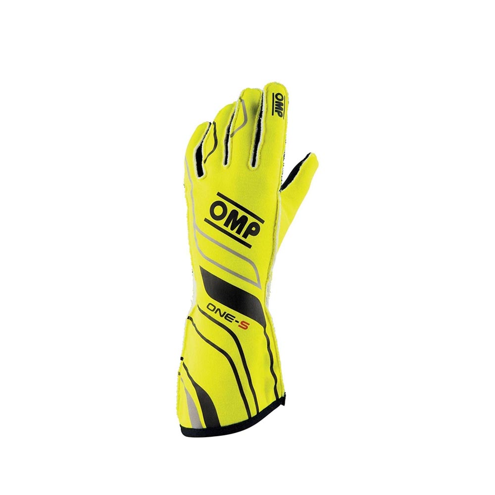 Yellow OMP One-S racing glove with black accents on a white background