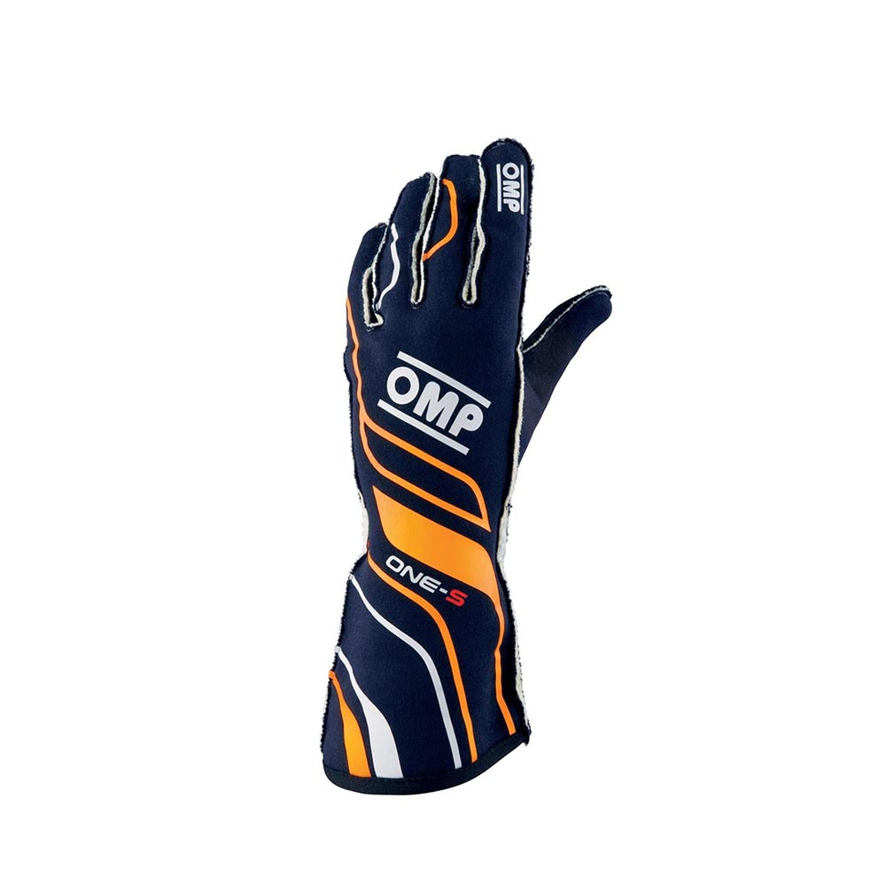 Black and orange OMP One-S racing glove with 'OMP' branding on a white background