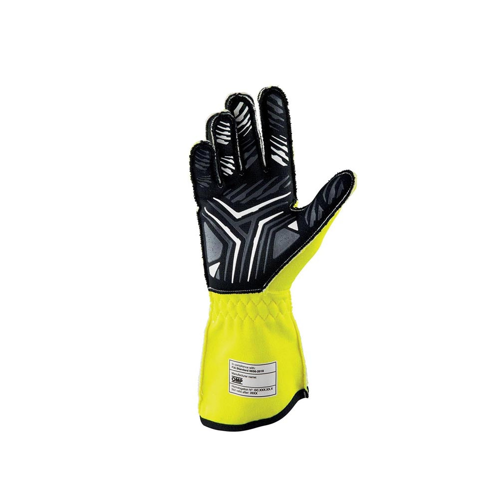 Yellow and black OMP One-S racing glove on a white background