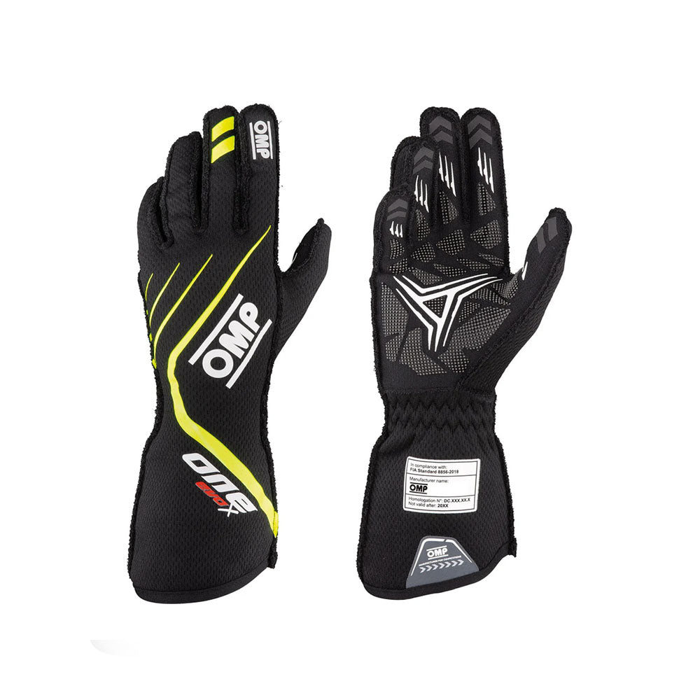 Black OMP One EvoX 2022 Motorsport racing gloves with yellow accents and OMP branding on a white background