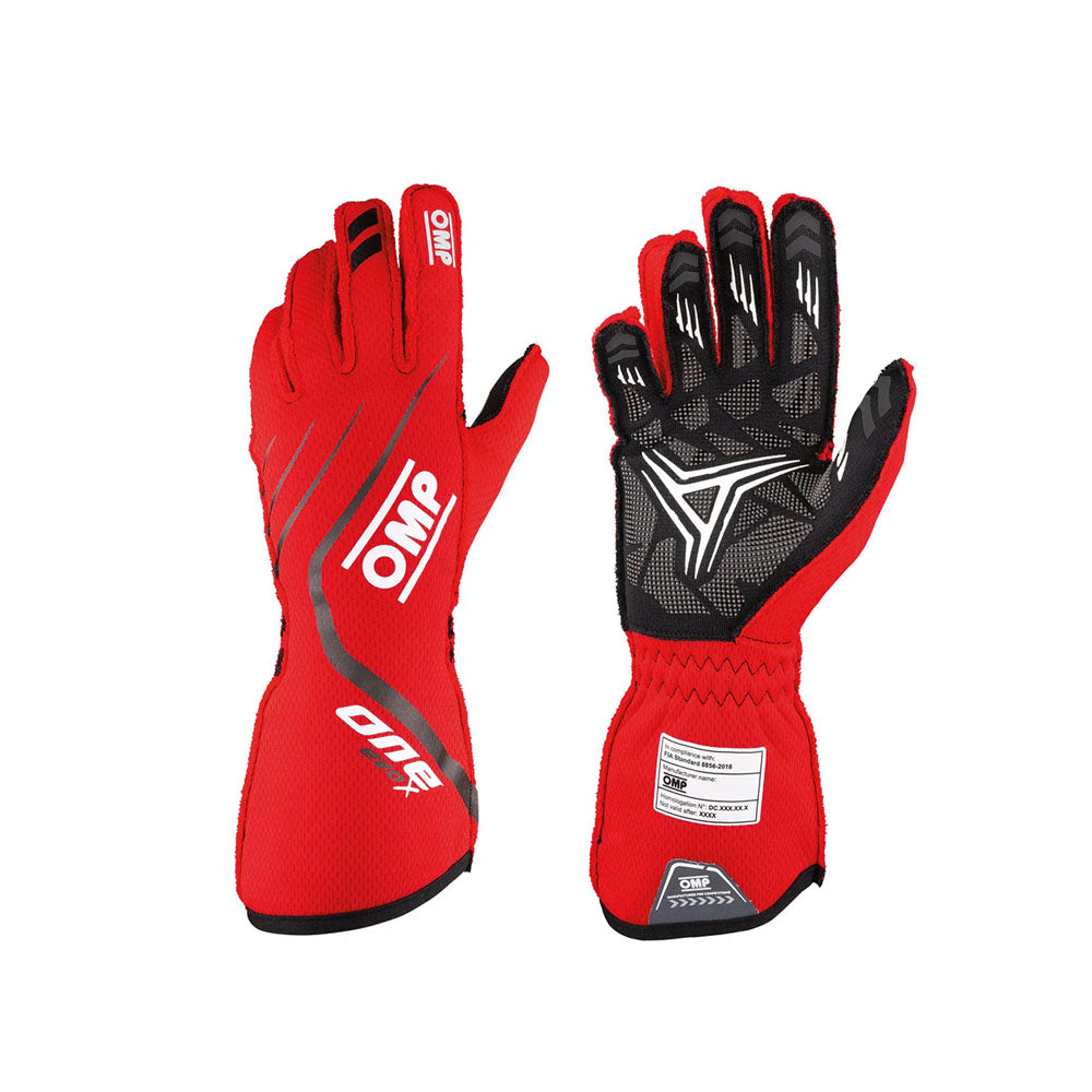 Red OMP One EvoX 2022 Motorsport racing gloves with black accents and OMP branding on a white background