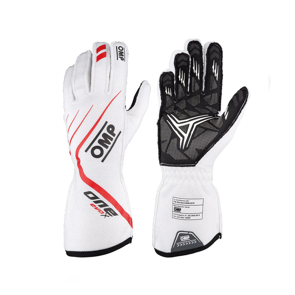Pair of white and black OMP One EvoX 2022 Motorsport racing gloves with OMP branding on a white background