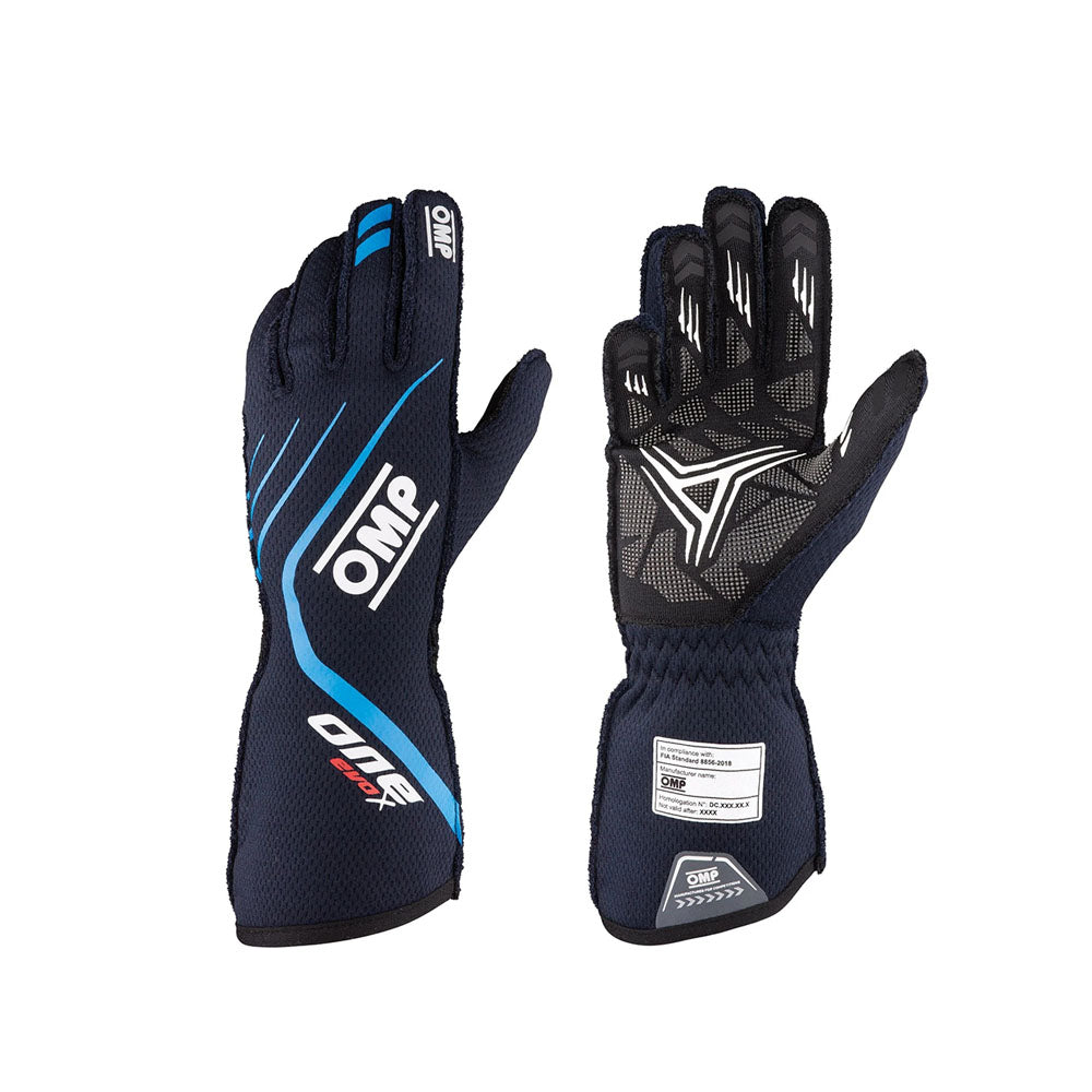 Pair of black OMP One EvoX 2022 Motorsport racing gloves with blue accents on a white background