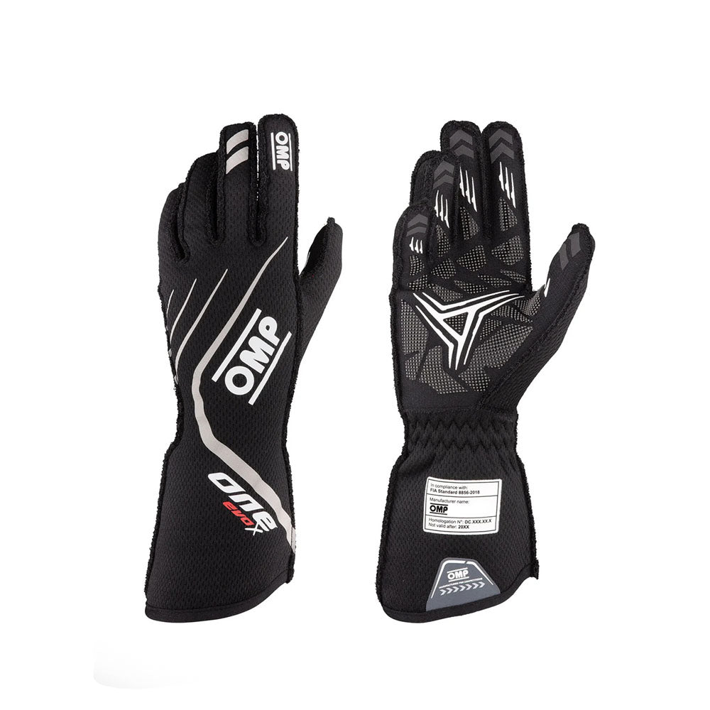 Black OMP One EvoX 2022 Motorsport racing gloves with white accents on a white background