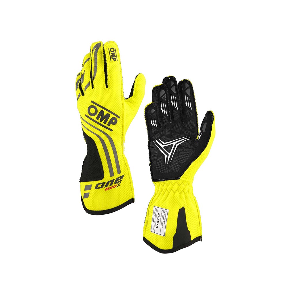 Yellow and black OMP One Evo X racing gloves with OMP branding on a white background