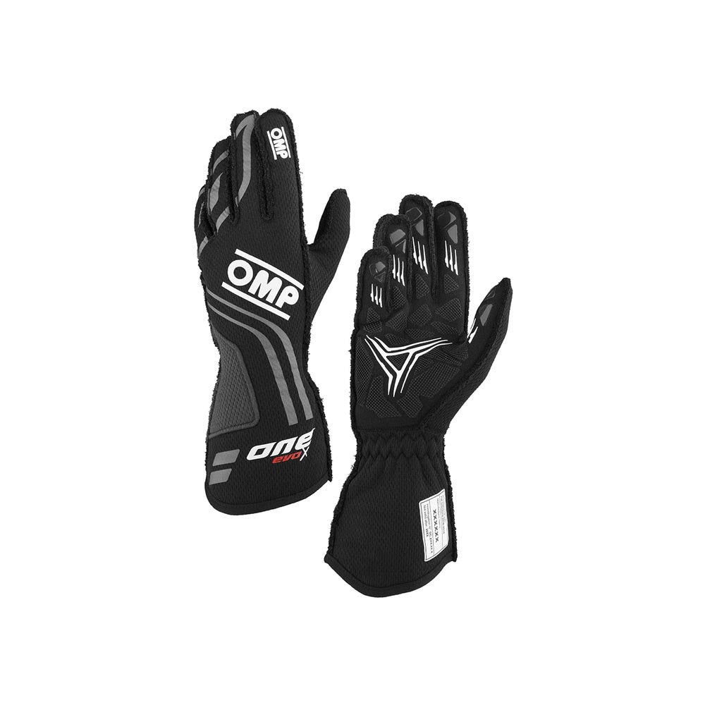 Pair of black OMP One Evo X racing gloves with OMP branding on a white background