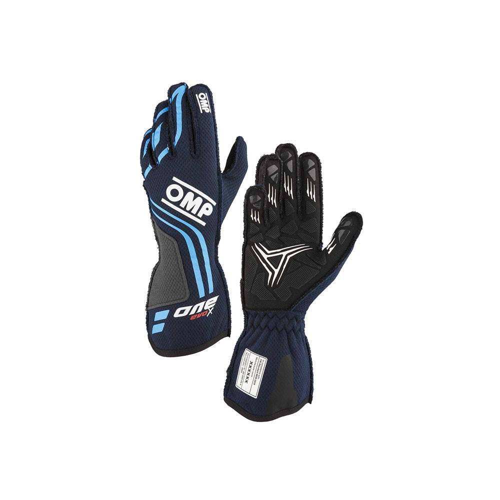 Pair of OMP One Evo X racing gloves with OMP branding on a white background