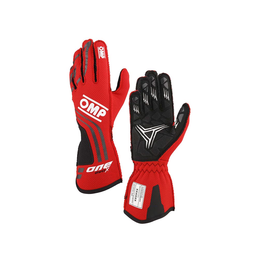 Red and black OMP One Evo X racing gloves with OMP branding on a white background