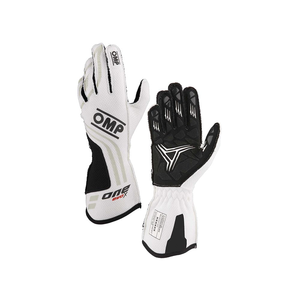 Pair of white and black OMP One Evo X racing gloves with OMP branding on a white background
