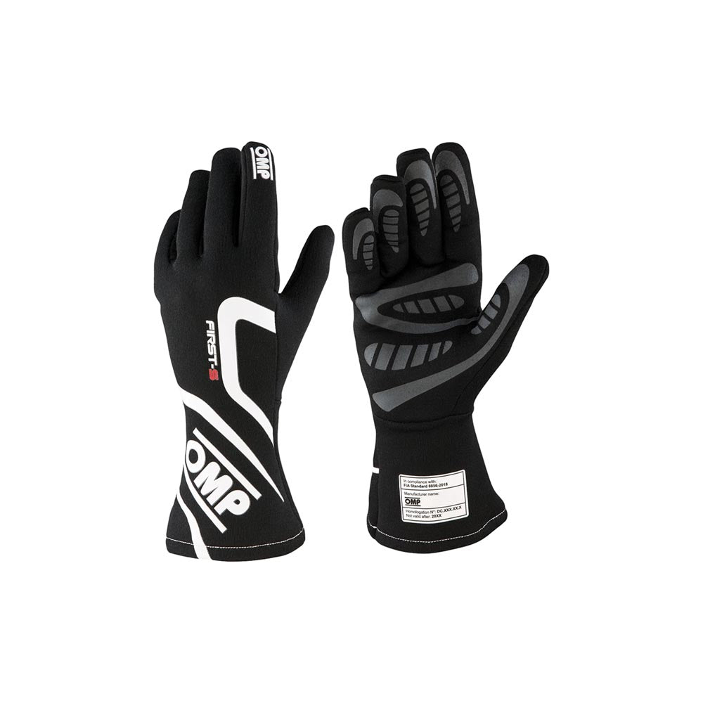 Black OMP Pro Mechanic Fireproof Motorsport racing gloves with white and gray accents on a white background