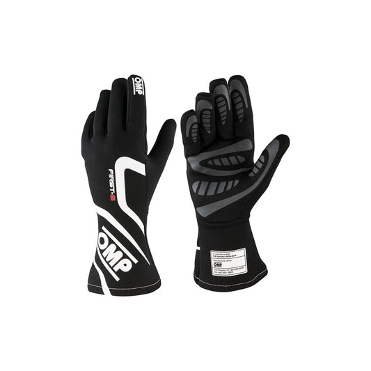 Black OMP Pro Mechanic Fireproof Motorsport racing gloves with white and gray accents on a white background