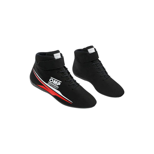 Black high-top OMP Sport Racing shoes with red accents on a white background