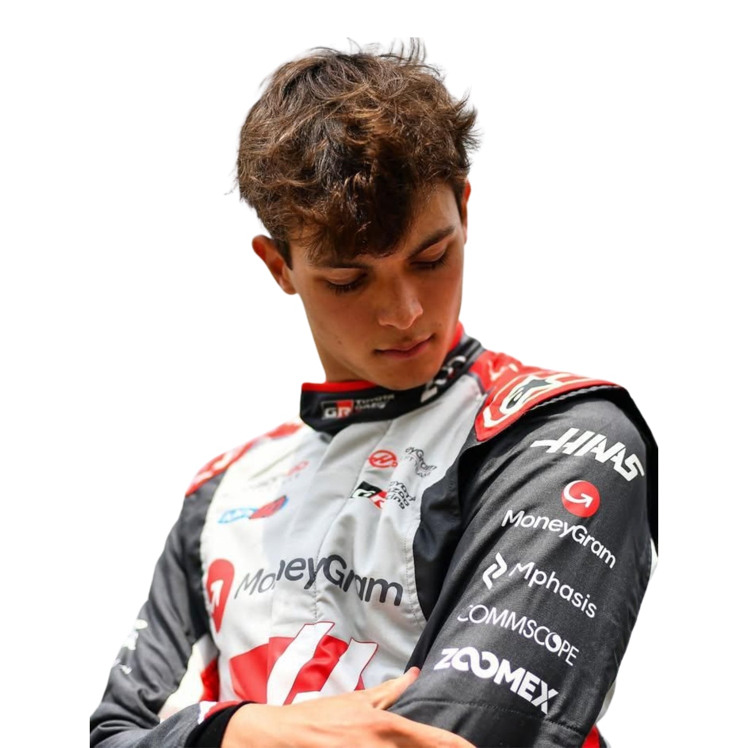 Person wearing a racing suit with various sponsor logos on a white background