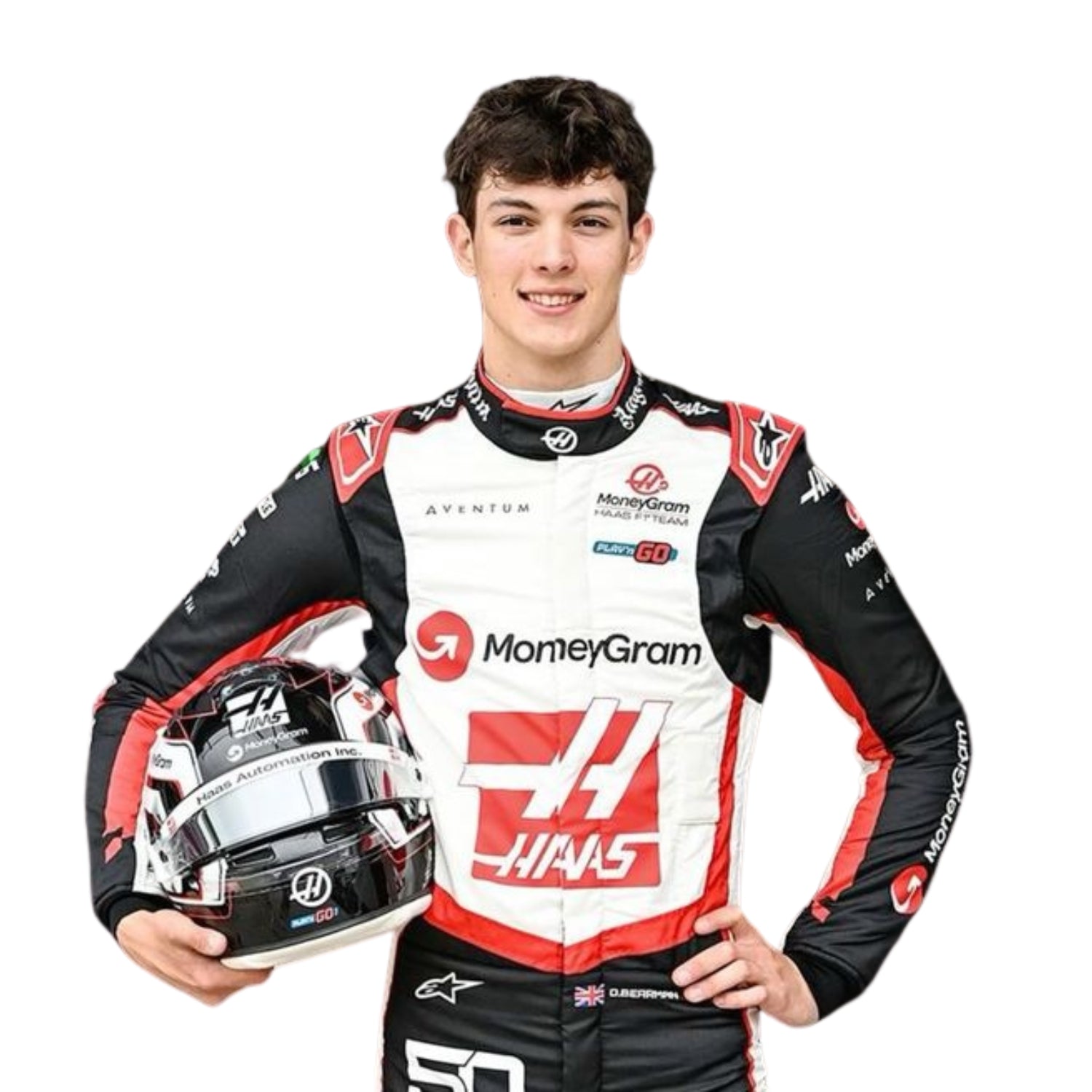 Oliver wearing a racing suit with sponsor logos, holding a helmet on a white background