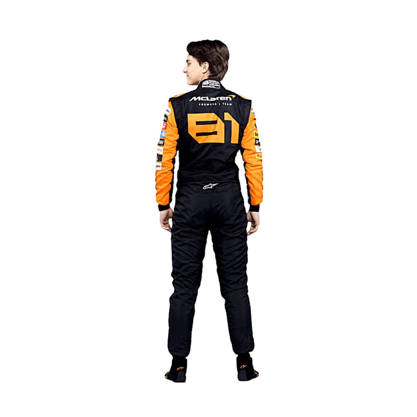 Rear view of Oscar Piastri’s 2024 F1 racing suit, highlighting the bold design and sponsor logos, ensuring aerodynamic efficiency and a precise fit tailored for performance during each race.
