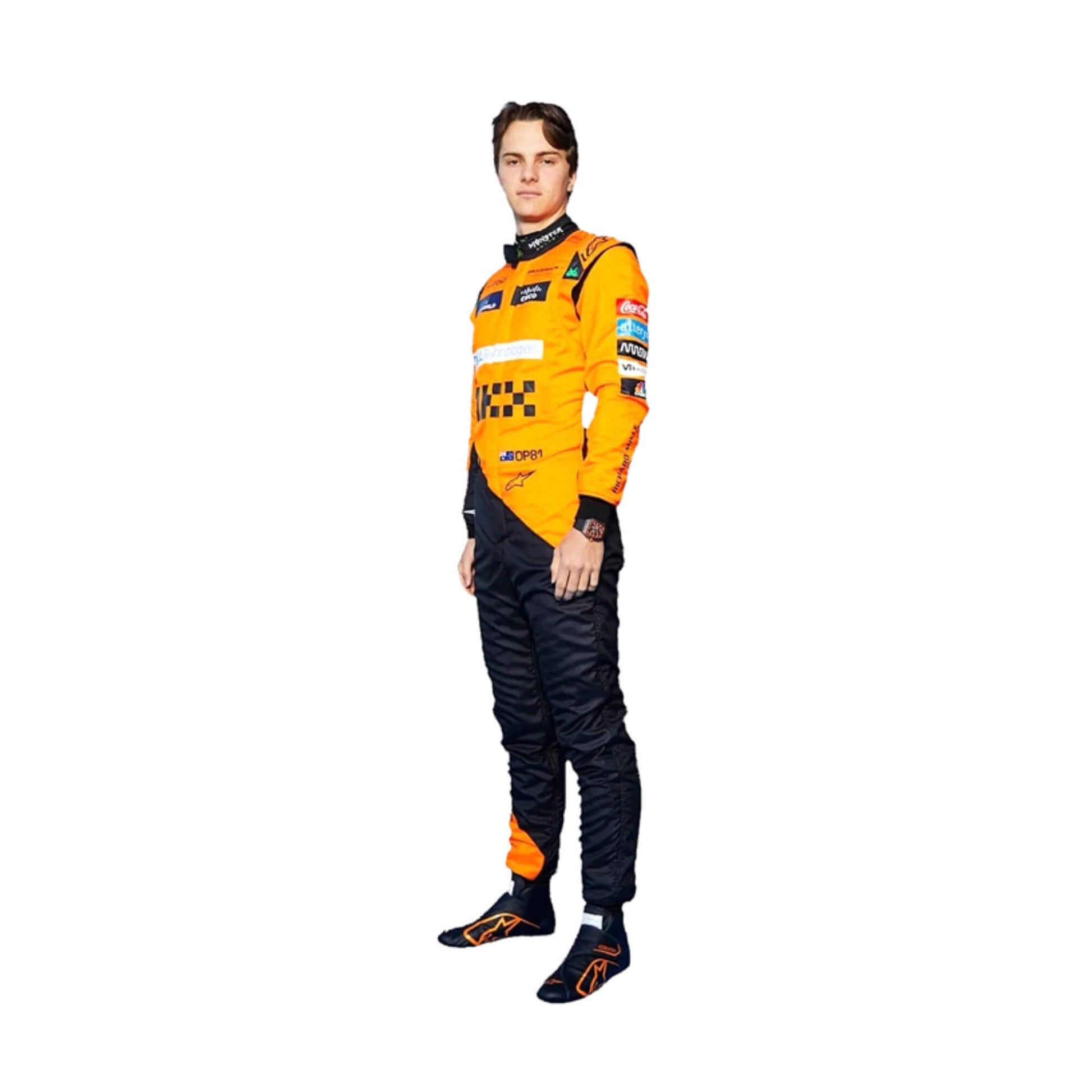 The Right side profile of Piastri's 2024 McLaren F1 racing suit, emphasizing the sharp lines and ergonomic fit, with sponsor placements on the arms and legs to ensure both visibility and flexibility during high-speed racing.