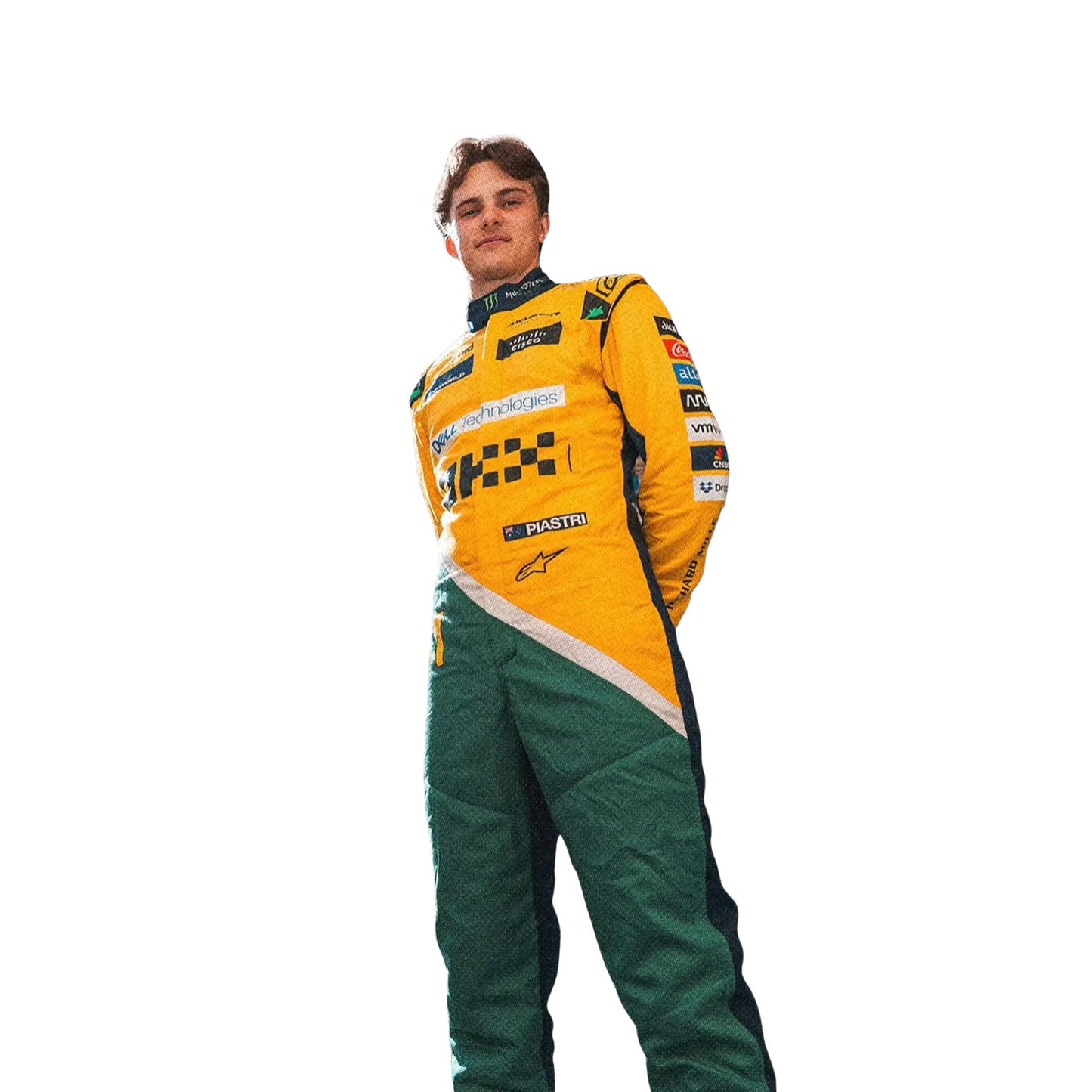 Detailed close-up showcasing fabric weave, stitching, and precise sponsor logo application on Oscar Piastri’s 2024 Monaco GP suit in papaya and anthracite tones.