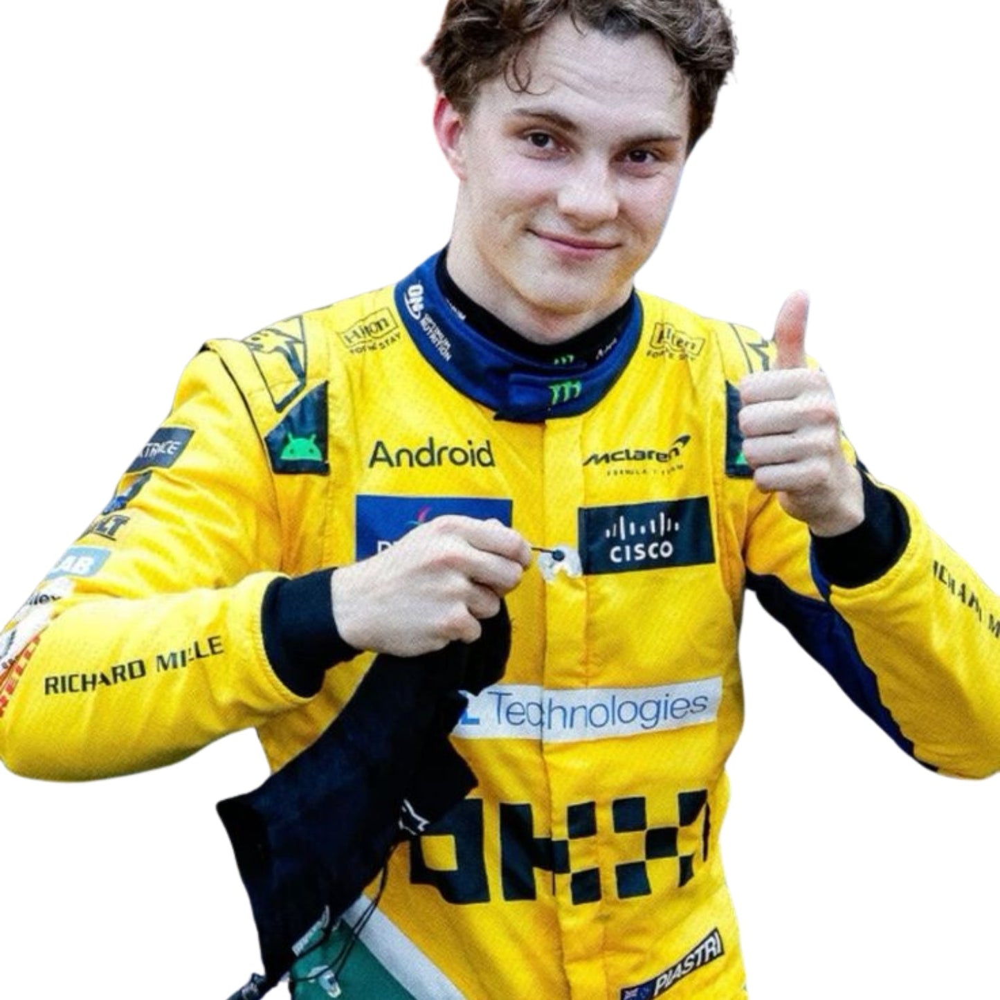 Detailed close-up showcasing fabric weave, stitching, and precise sponsor logo application on Oscar Piastri’s 2024 Monaco GP suit in papaya and anthracite tones.