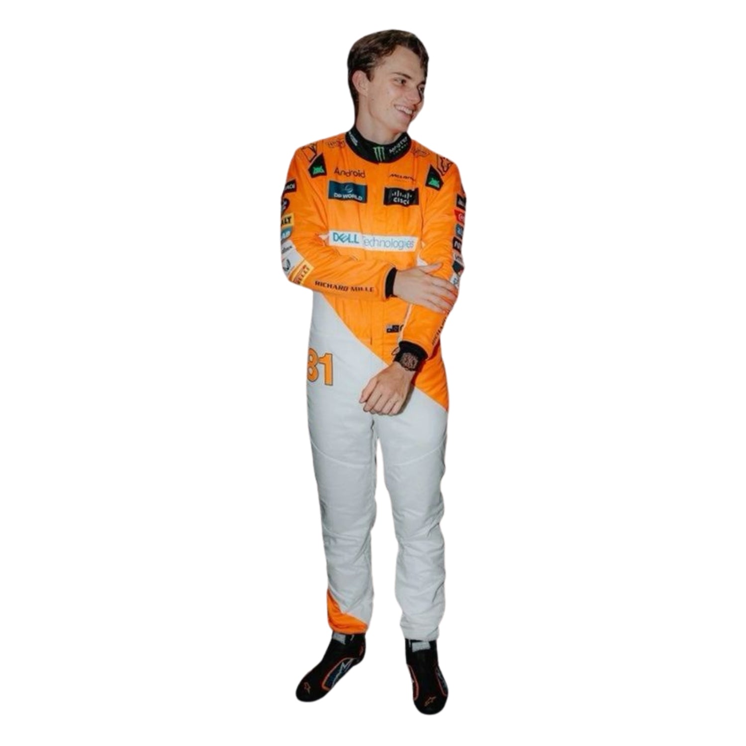 Oscar Piastri 2024 Singapore GP papaya orange F1 racing suit front view with black detailing