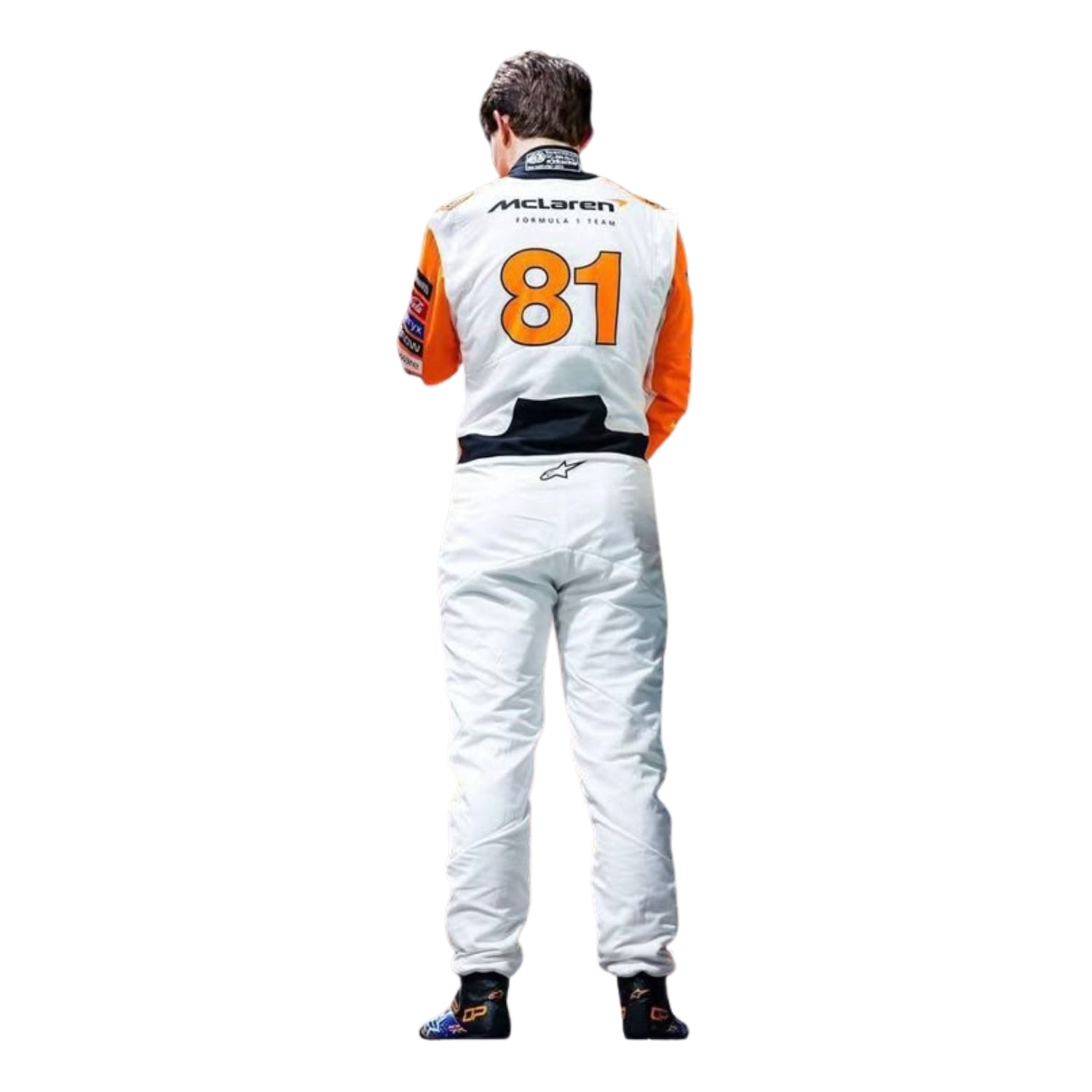 Oscar Piastri 2024 Singapore GP papaya racing suit back profile with sponsor branding