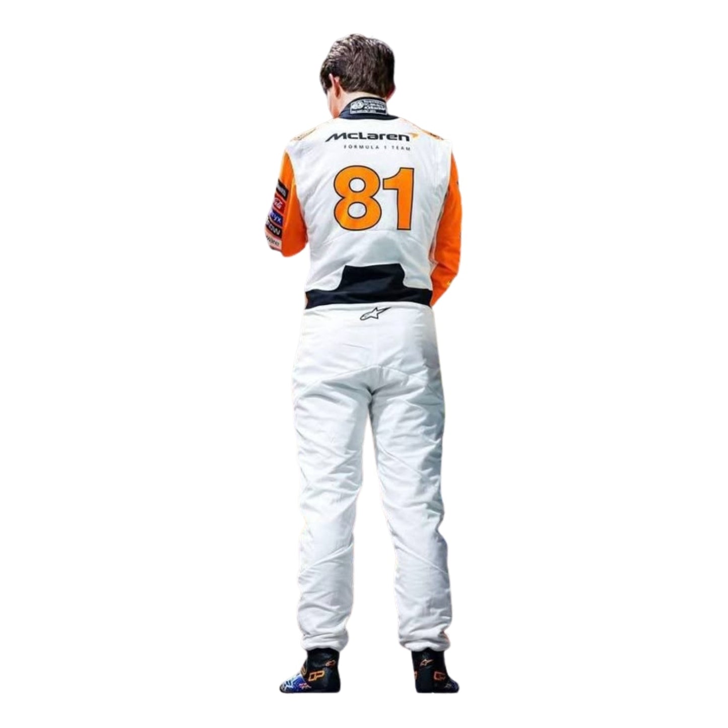 Oscar Piastri 2024 Singapore GP papaya racing suit back profile with sponsor branding