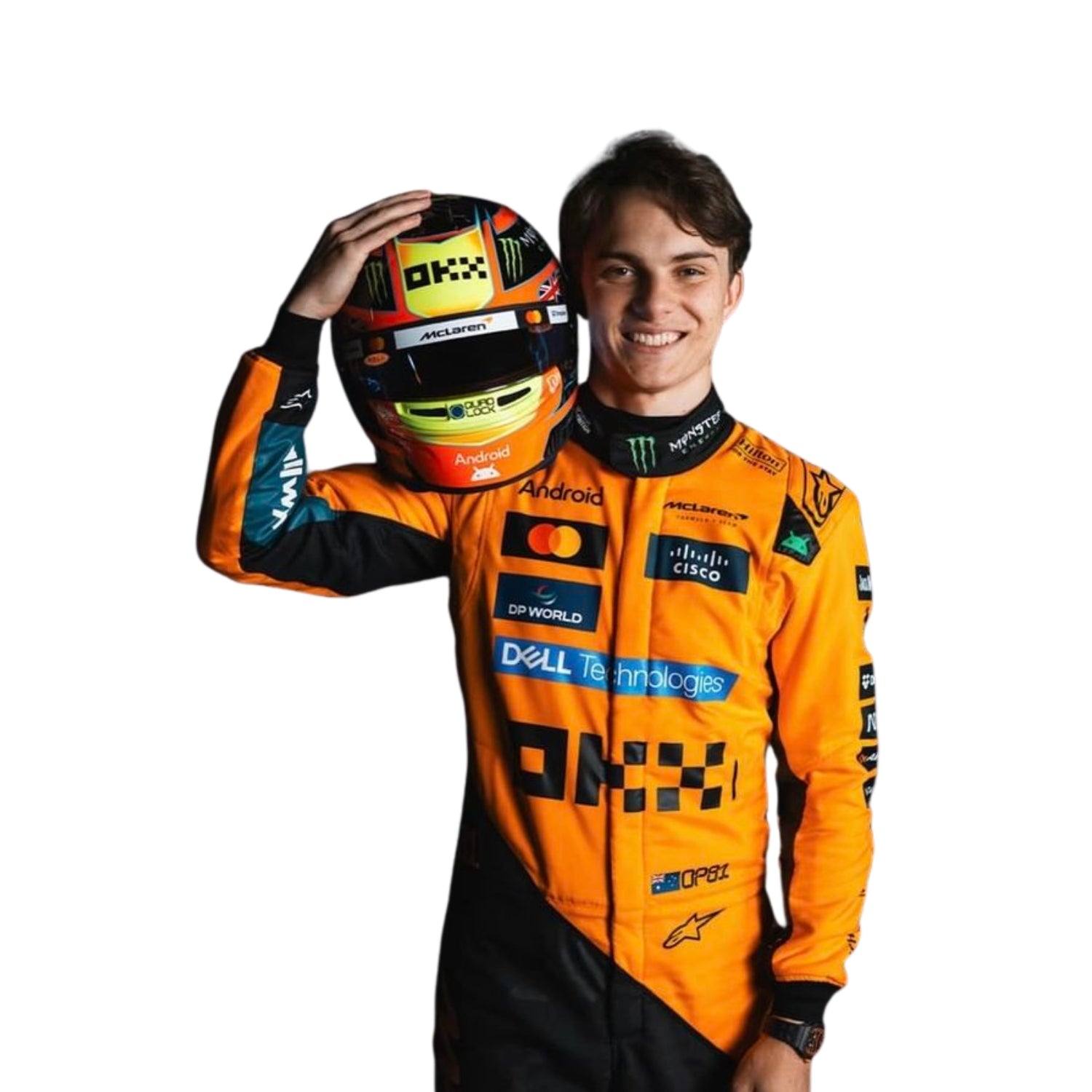 Close-up of fabric texture and detailed stitching on Oscar Piastri’s 2025 F1 racing costume showcasing premium finishes and logo embroidery.