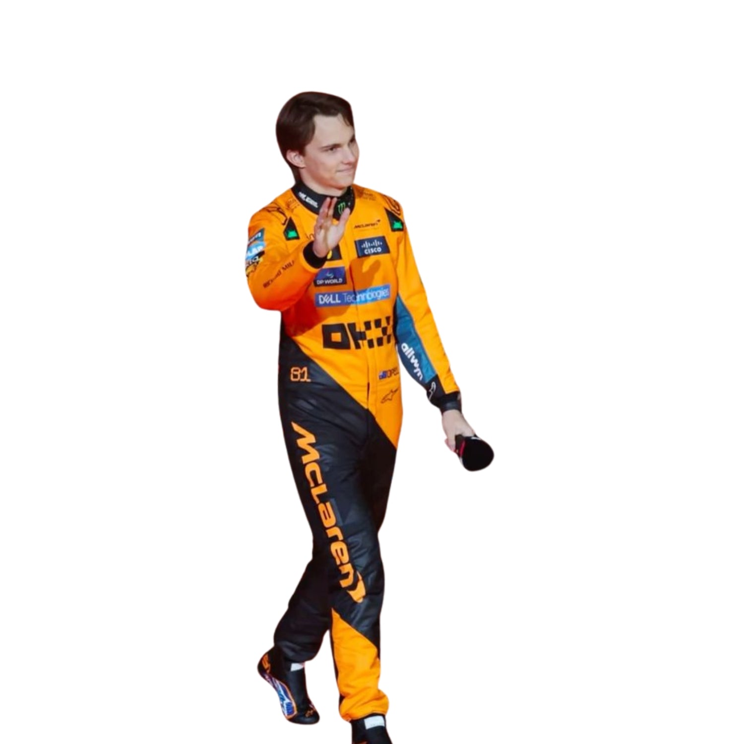 Front view of the 2025 F1 racing costume worn by Oscar Piastri featuring papaya orange with carbon black accents, aerodynamic stretch panels, and technical sponsor logos.