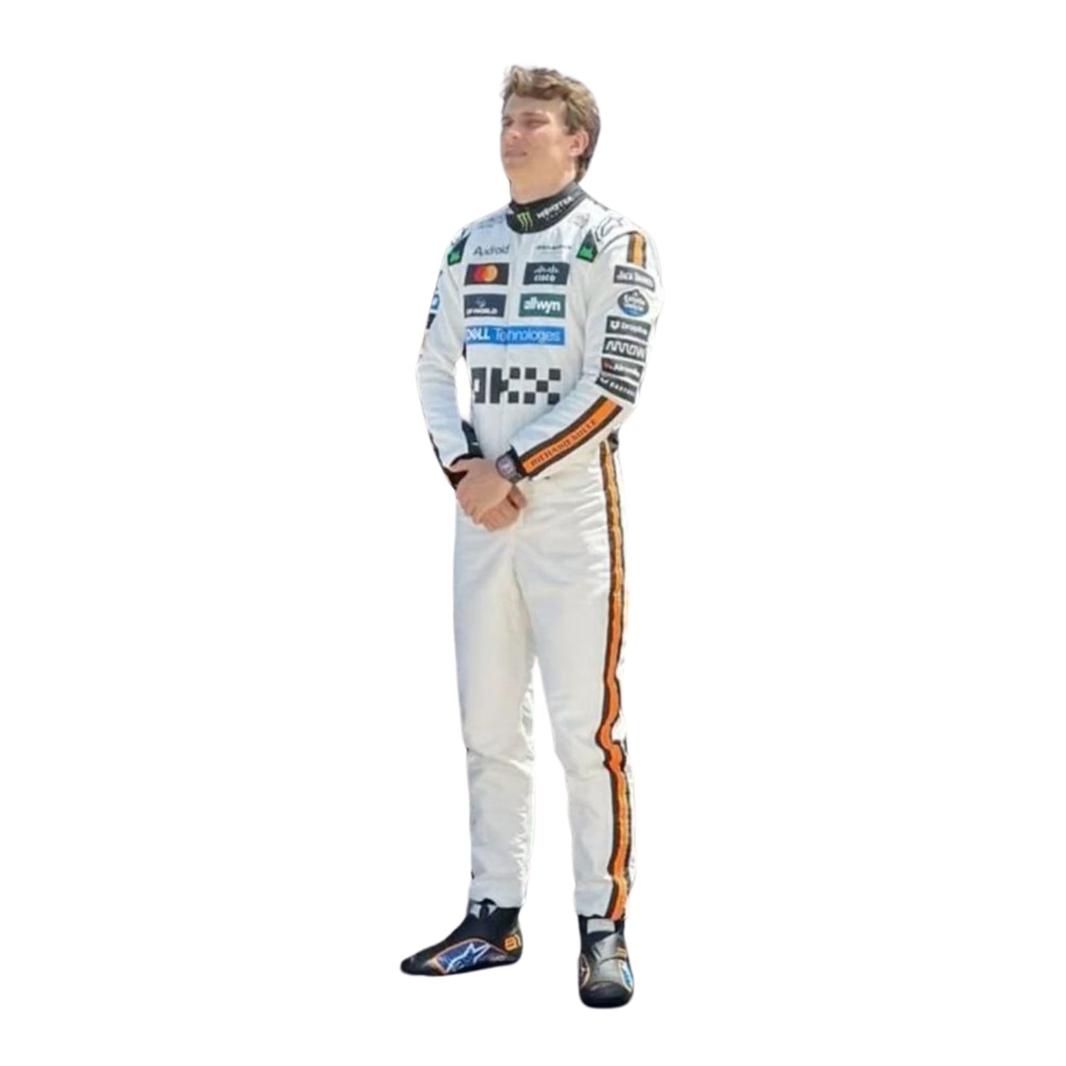 Front sitting view of the 2025 Monaco GP white race suit worn by Oscar Piastri featuring classic black number in circle on a retro-inspired all-white base.
