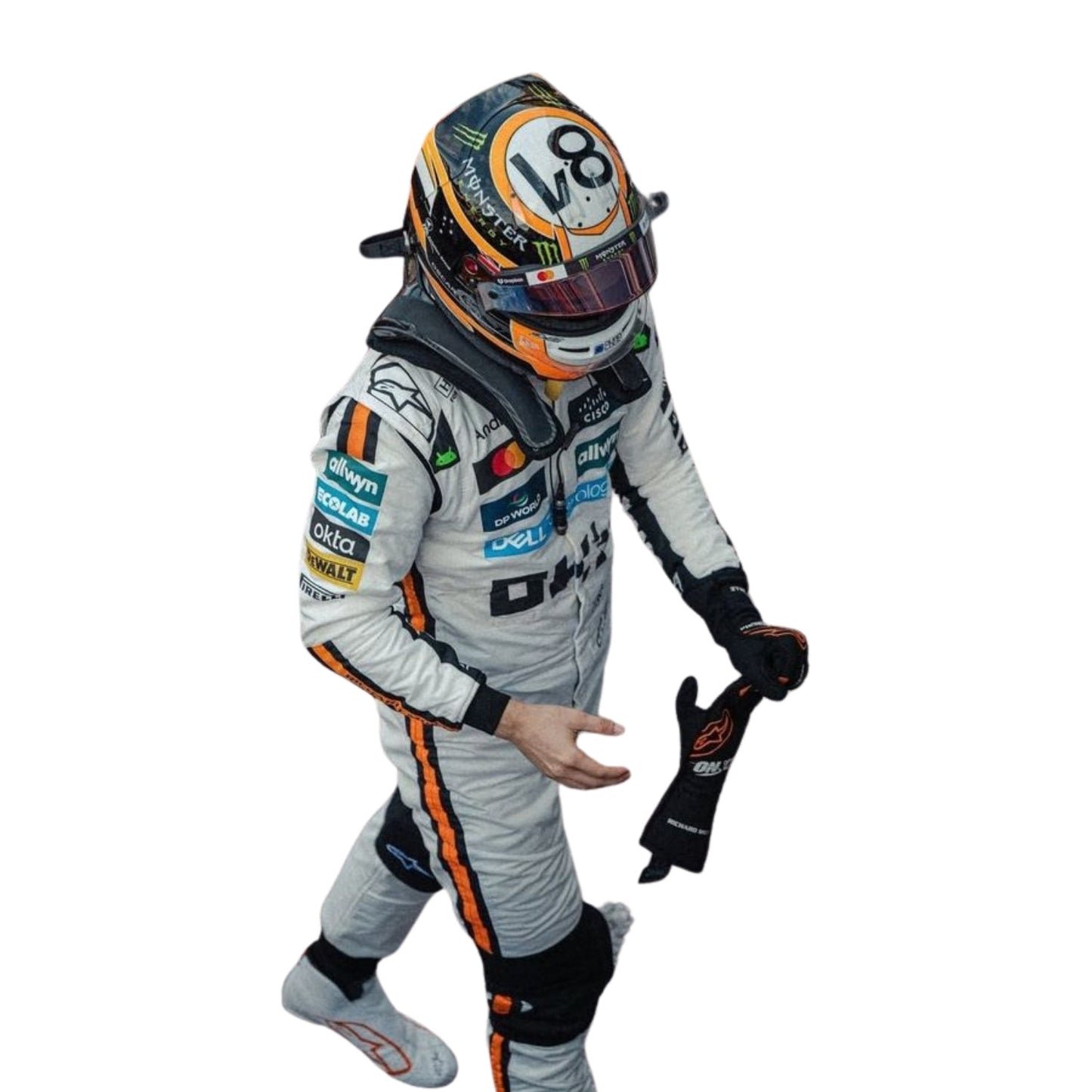 Close-up of the Monaco GP 2025 white racing suit fabric, highlighting crisp McLaren embroidery and precision stitching on the retro-style driver attire.